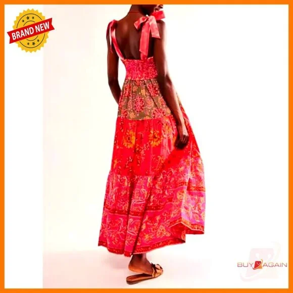 Floral Maxi Dress Boho Smocked Tiered Tiered Shoulder Tie Pockets Vacation - Picture 2 of 7